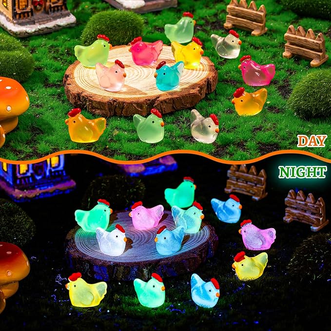 180PCS Luminous Mini Resin Chicken Miniature Chickens Animals Figurines Glow in The Dark, Tiny Chickens Bulk for Dollhouse Micro Landscape DIY Home Outdoor Party Decor (8 Colors)