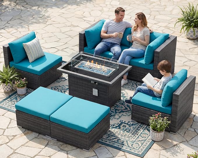 RADIATA 7 Piece Wicker Patio Furniture Set with Fire Pit, All-Weather Outdoor Sectional Couch High Back Large Size, Modular Backyard Seating Sofa Set with Propane/Natural Gas Firepit Table, Grey&Teal