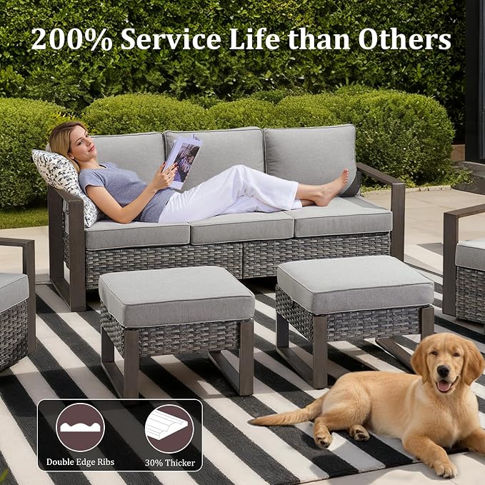 Patio Furniture Set with Fire Pit Table, 6-Piece Outdoor Wicker Sofa and Swivel Chairs, All-Weather Conversation Set for Backyard, Deck and Poolside, Grey/Grey