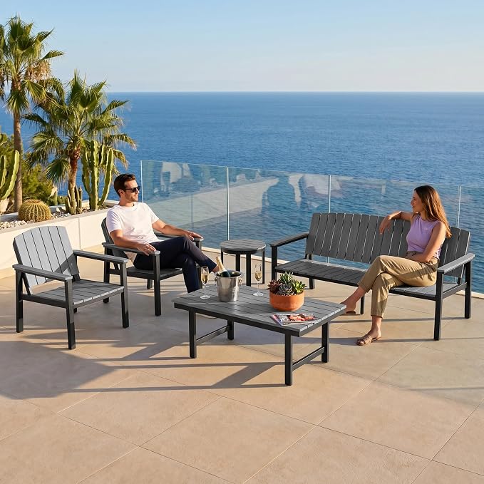 2 Pieces Aluminum Patio Furniture Armchair, All-Weather Outdoor Armchair Aluminum Frame HDPS Faux Wood, Patio Sofa Couch Set of 2 for Porch, Balcony, Deck, Yard Grey