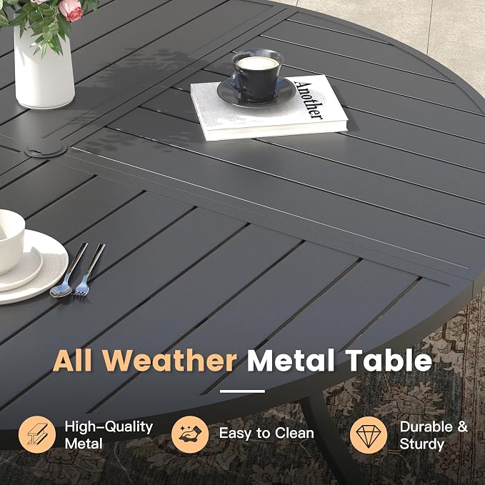 Outdoor Dining Set for 6, 50.1" Metal Round Outdoor Dining Table with Umbrella Hole and Sling Patio Swivel Chairs, 7 Pieces Patio Table and Chairs Set for Garden Backyard, Mixed Brown and Black