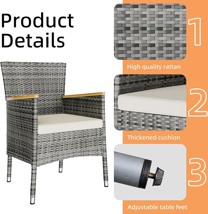 Vongrasig 7 Piece Small Patio Dining Set, Space-Saving Outdoor Wicker Furniture Conversation Set with Wood Table and Cushioned Rattan Chairs for Lawn, Garden, and Backyard (Gray)