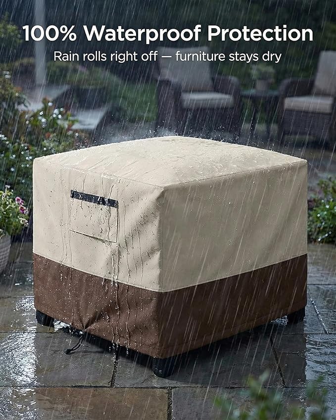 Waterproof Patio Ottoman Cover, Square Outdoor Side Table Furniture Cover with Padded Handles, 600D Heavy Duty Windproof All-Weather Patio Furniture Cover,UV Resistant, 25 x 25 x 18 Inch, Beige&Brown