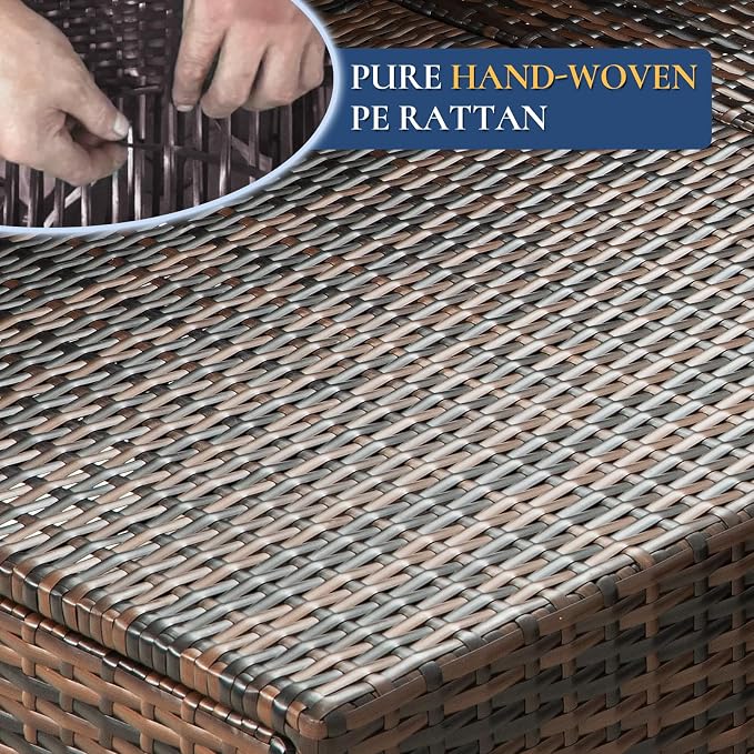 FHFO 7 Piece Outdoor Wicker Patio Furniture Set, Brown/Blue | Sectional Sofa | All-Weather Hand-Woven Rattan | Tempered Glass Coffee Table | Free Combination | Indoor & Outdoor Use