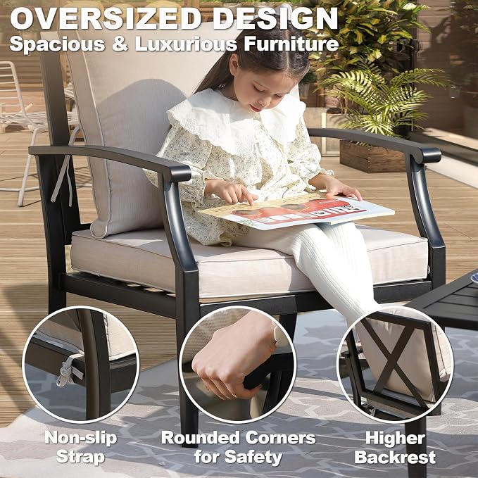 4-Piece Patio Furniture Set, Wider Outdoor Metal Seating Sofa with High Back & Loveseat, Coffee Table, All Weather Metal Conversation Set for Backyard, Poolside, Deck-Beige