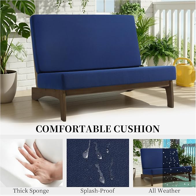 Outdoor Furniture Patio Couch, Weather Resistant Patio Loveseat Sofa Couch with Removable Cushion, Teak Wood Frame for Porch & Backyard Seating - Navy