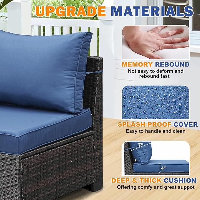7-Piece Outdoor Patio Furniture Set, Modular Wicker Sectional Sofa with Thick Cushions & Coffee Table, All-Weather Rattan Conversation Set for Backyard, Porch, Poolside, Navy