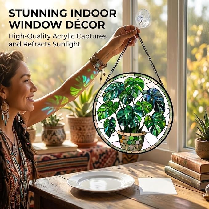 Birthday Gifts for Women - Green Monstera Plant Faux Stained Glass Window Hanging Sun Catcher for Door Garden Acrylic Decor Mother's Day Christmas for Mom Nana Grandma Sisters Wife 9.8"