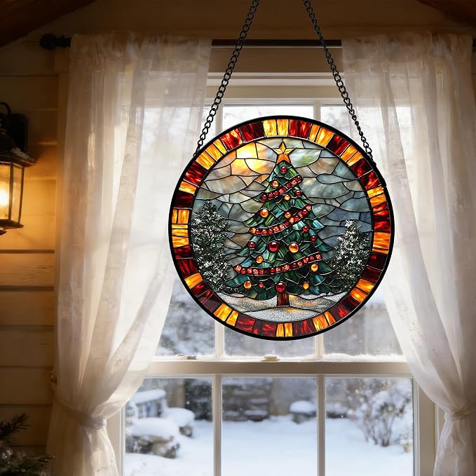 DASTOLL Stained Glass Window Hanging - Winter Christmas Tree Suncatcher Ready to Hang Window Doors Home Decoration, Christmas, Mother's Day Birthday Gifts for Women, Men, and Mom 7.8x7.8 in