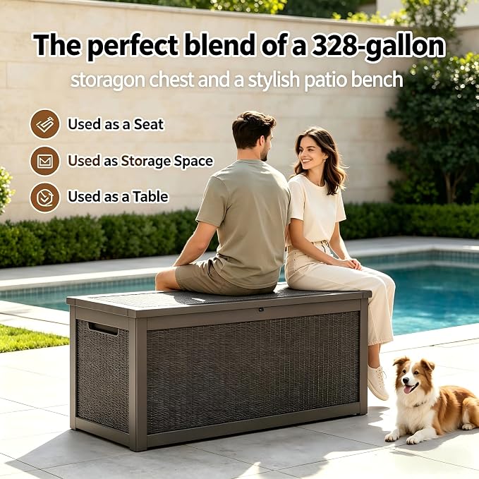 328 Gallon Waterproof Outdoor Storage Box, Heavy Duty Resin Deck Box Lockable, Large Outside Patio Storage Bench for Garden Tools & Pool Accessories,Hydraulic Lift, All-Season UV-Resistant, Gray Brown