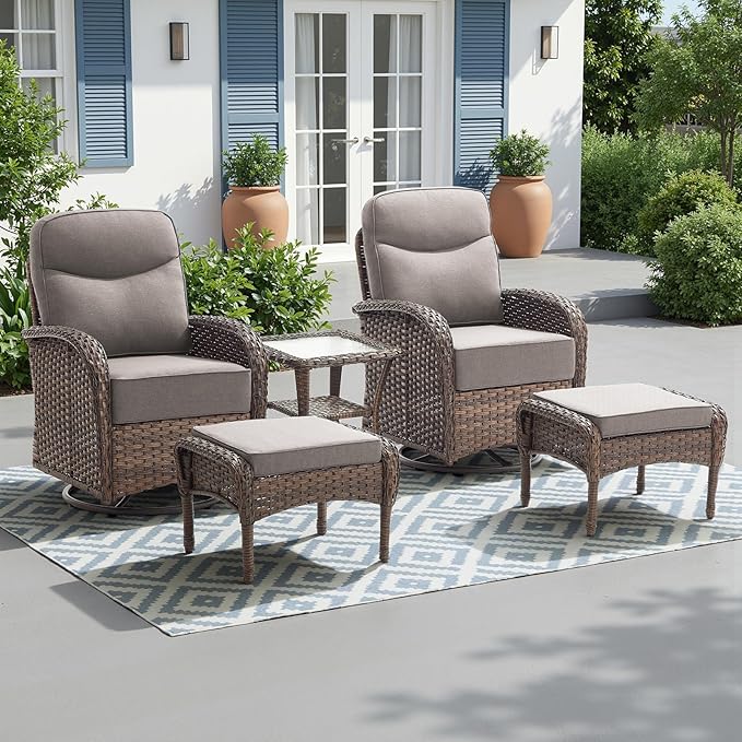 Luxury 6-Inch Cushion Outdoor Patio Furniture Set with Ottoman, Outdoor Swivel Rocker Patio Chairs with Side Table, Wicker Conversation Set for Deck Porch Garden Balcony and Poolside Gray