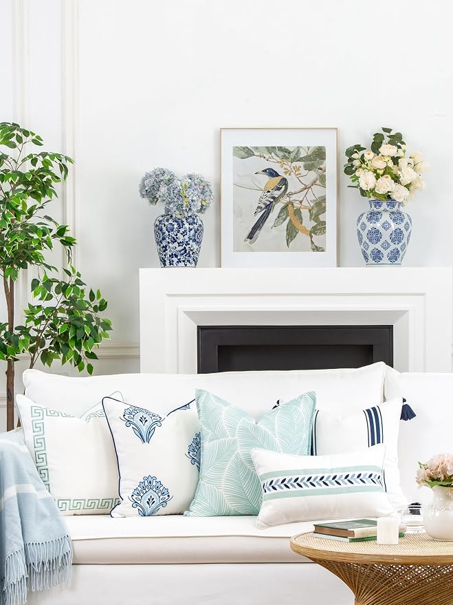 Hofdeco Premium Coastal Patio Indoor Outdoor Throw Pillow Cover Only, 20"x20" Water Repellent for Backyard, Couch, Navy Blue Floral with Piping