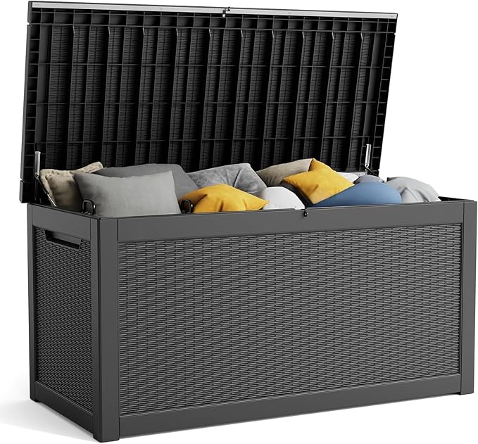 PatioZen 260 Gallon Resin Deck Box, Lockable Patio Outdoor Storage Box for Furniture, Garden Tools and Tools Storage, Waterproof Outside Storage Boxes - Black