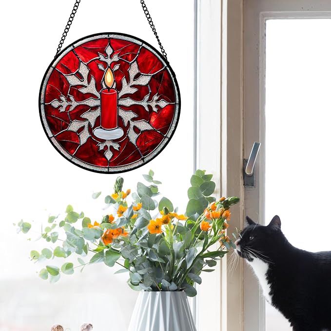 DASTOLL Stained Glass Window Hanging 4 Pcs Set Red Christmas Decorations Theme 9.8" - Suncatcher Door Garden Sun Catcher Decor Birthday for Mom Woman Nana Men Friend Wife