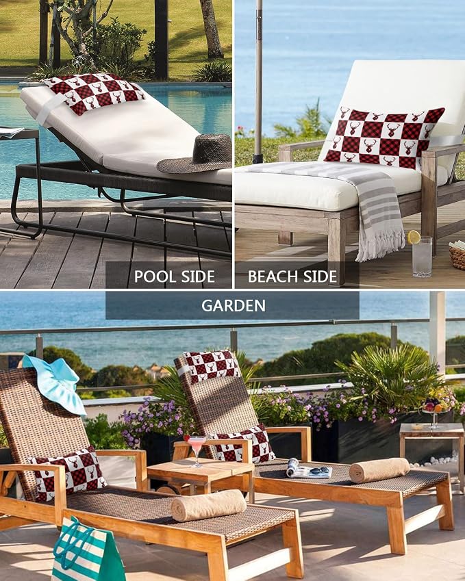 Outdoor Pillows Covers with Inserts Winter Christmas Elk Red and Black Plaid Waterproof Recliner Pillow with Adjustable Strap Throw Pillows for Patio Furniture Pool Lounge Chair, 11x16 inch, 1PCS