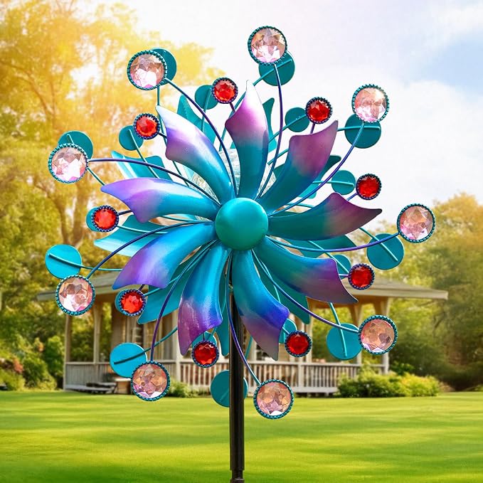 Solar Wind Spinner for Yard and Garden – 61 Inch Outdoor Metal Kinetic Sculpture with Multi-Color LED Glass Ball Light – Waterproof Windmill Stake for Patio, Lawn, and Pathway Decoration (Blue)