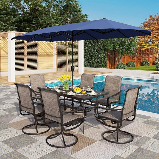PHI VILLA 8 Piece Outdoor Dining Set with 13ft Patio Umbrella (Navy Blue), 6 Patio Padded Swivel Dining Chairs & 1 Large Metal Dining Table for Lawn Garden Backyard (No Umbrella Base)