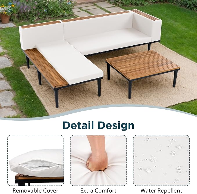 VilroCaz Luxury Outdoor Patio Furniture Set, L-Shaped Acacia Wood Sectional Sofa with Side Table, All-Weather Conversation Set with Removable Cushions and Coffee Table for Backyard Porch (Beige-4.20)