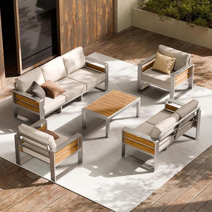 5-Piece Outdoor Patio Furniture Set with Modern Metal Sectional Sofa, Washable Thick Cushions and Coffee Table for Garden Backyard Porch(Gray)