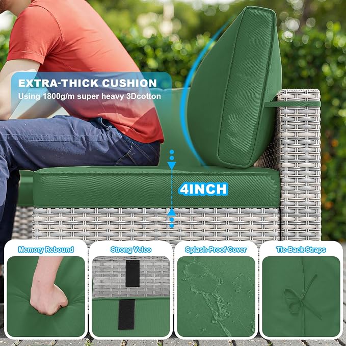 17-Piece Patio Furniture Set, Outdoor Patio Furniture with Swivel Chairs Set, Thick Cushions, Modular Patio Sofa, Dual-Strand Wicker Rattan, Rust-Resistant Frame, Dark Green