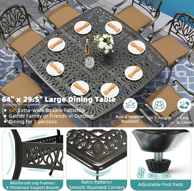 MEETWARM 9-Piece Outdoor Patio Dining Set for 8, All Weather Cast Aluminum Patio Funiture Table and Chairs Set- Large 64" Square Table and 2 Swivel Rocker Chairs, 6 Stationary, Umbrella Hole, Khaki