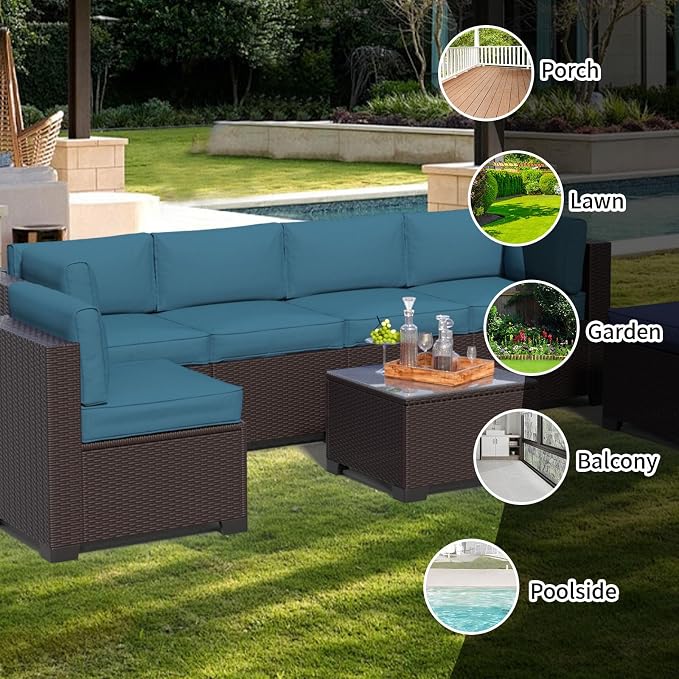 7 Piece Patio Furniture Set, Wicker Patio Conversation Sets, Outdoor Sectional Furniture with Tempered Glass Table, for Backyard, Deck, Garden, Dark Brown Rattan & Peacock Blue Cushions