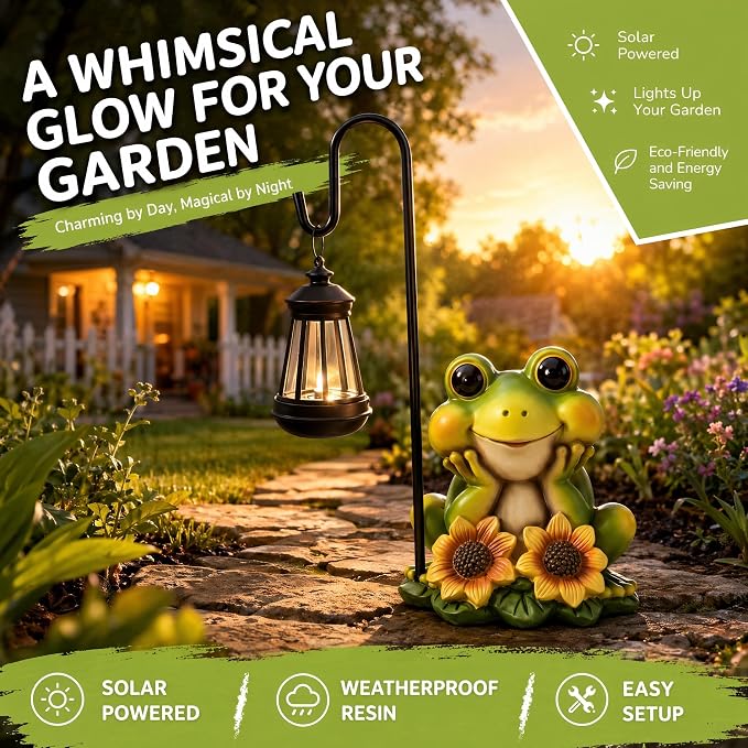 Solar Frog Garden Statue with LED Light – Hand-Painted Resin Outdoor Decor, Waterproof Lawn Ornament for Patio Yard Balcony, Unique Gift for Mom Grandma Women, Fairy Garden Decoration