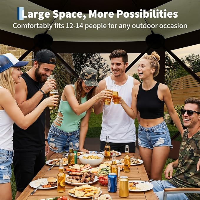 GarveeLife 13x13FT 6-Sided Pop Up Canopy Tent，One-Push Setup Canopy Tent with Removable Canopy Top & Wind Cloths, Outdoor shelter for Camping, Backyard Parties, Outdoor Events - Beige & Khaki