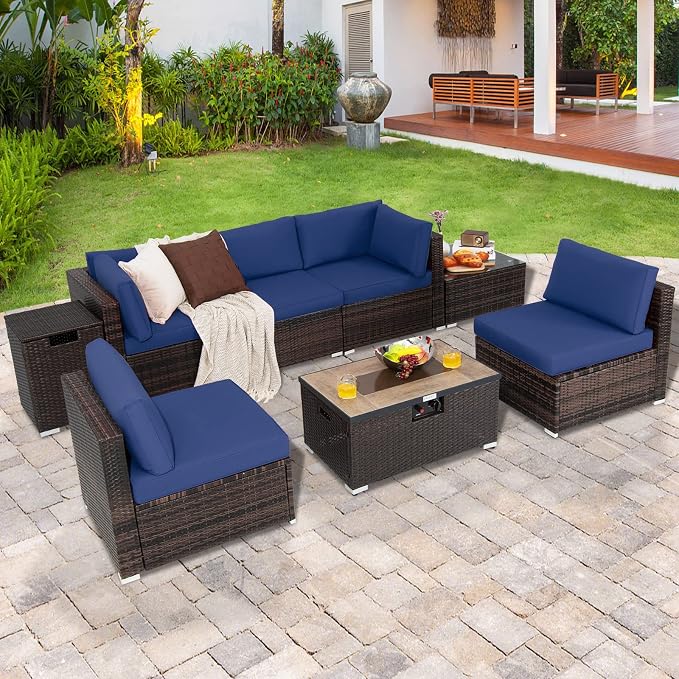 Tangkula 8 Piece Outdoor Wicker Sofa Set, Patio Rattan Conversation Set w/32” Propane Fire Pit Table & Tank Holder, 40,000 BTU Heat Output, Cozy Seat & Back Cushions, Fire Pit PVC Cover (Navy)
