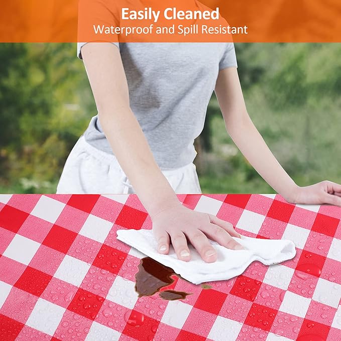 KENOBEE 6ft Picnic Table and Bench Cover, Camping Essentials RV Gear, 72in Waterproof Windproof Outdoor Elastic All Around Tablecloth, Fitted Rectangle Tables and Seats, Red-White Checkered