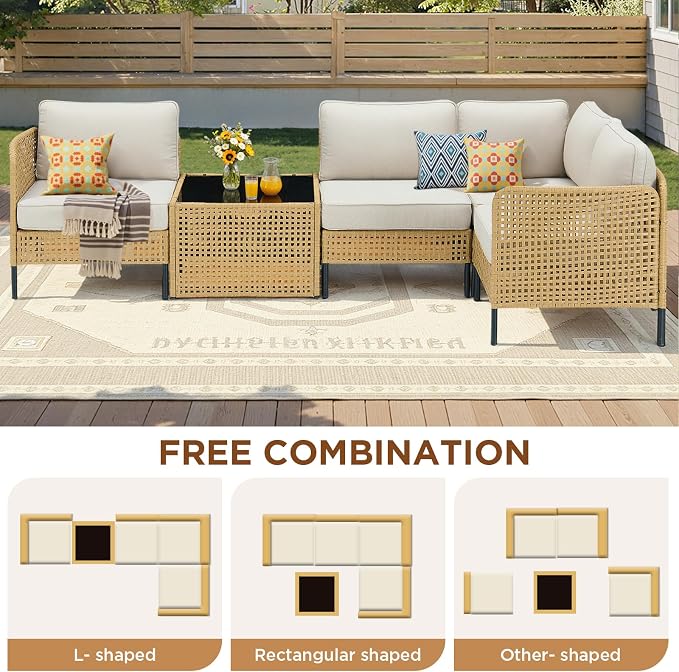 Belord Outdoor Sectional Furniture 5-Piece, All-Weather Wicker Patio Sets with Coffee Table, Modern Patio Furniture for Backyard, Deck