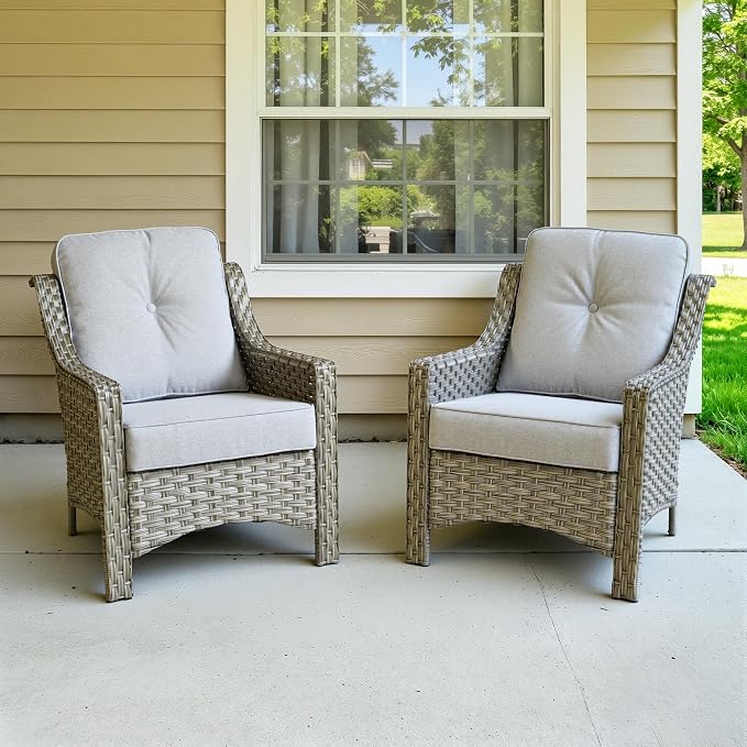 2 Piece Patio Furniture Set, Outdoor Wicker Chairs Set of 2 with Thick Cushion, Heavy Duty High Back Comfortable Chair for Small Balcony Porch Garden, Grey