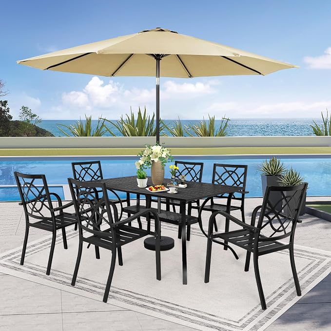 SUNCROWN 8-Piece Outdoor Wrought Iron Chairs and Table Patio Dining Furniture Set - 6 Stackable Metal Chairs, 1 Steel Slat Bistro Table and 1 Brown 9Ft Patio Umbrella for Garden Backyard Deck