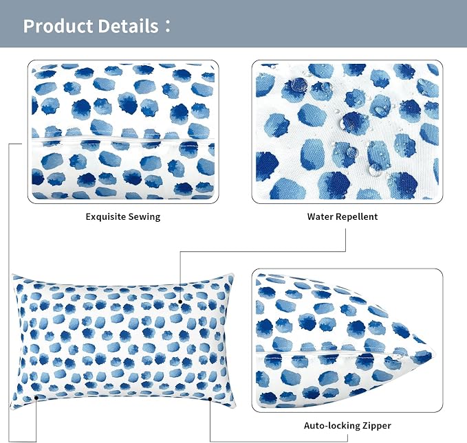 Outdoor Lumbar Pillow Covers 12”x20”, Rectangle Throw Pillow Covers for Patio Furniture, Decorative Lumbar Cushion Case for Garden Balcony Couch Office Chair, Pack of 2, Brush Blue