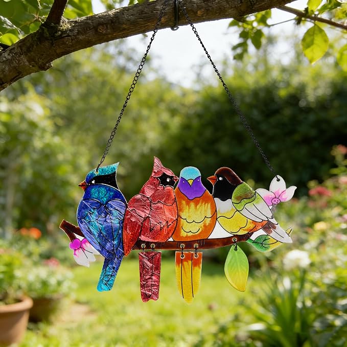 DASTOLL Stained Glass Window Hanging, Birds on A Branch Stain Glass Suncatcher, Hand-Painted Sun Catchers Indoor Window Decoration Bird Lover Gift for Mom, Grandma, Stocking Stuffers for Women