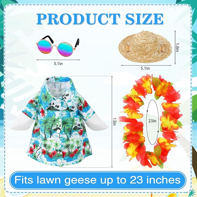 4 Pcs Hawaiian Porch Goose Outfit for 23 In Goose Statue Costume | Summer Porch Goose Outfits with Straw Hat Sunglasses and Lei, for 23 Inch Cement Goose, Luau Party Yard Garden Summer Decor