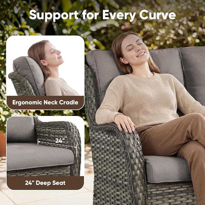 Belord Patio Sofa Luxury PE Wicker 3-Seater Outdoor Couch, Modern All-Weather High Back Deep Seat Woven Furniture Set for Porch, Deck, Balcony, Backyard - Grey/Grey
