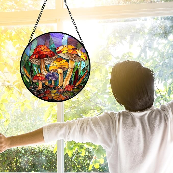 DASTOLL Stained Glass Window Hanging, Jungle Mushrooms Sun Catchers Diamond Glass Panel Hangings Plant Suncatcher Decor for Birthday for Women, Men, Wife, Aunt, and Mom 7.8 in