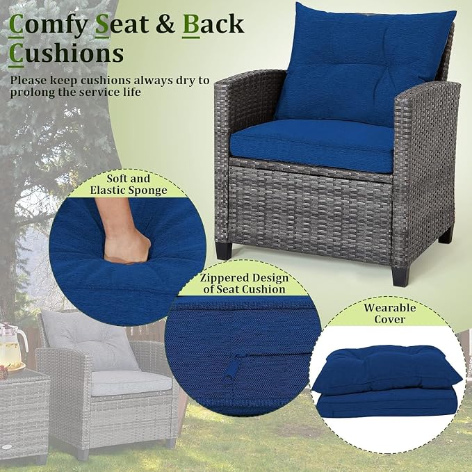 HOMGX 3 Pieces PE Rattan Wicker Patio Sofa Chairs, Outdoor Furniture Conversation Sets with Washable Cushion & Glass Table, Rattan Sofa Set for Balcony, Porch, Yard, Backyard, Lawn, (Navy Blue)