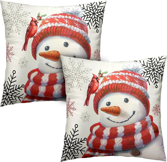 Christmas Snowman Pillow Covers 22x22 Set of 2 Winter Holiday Throw Pillow Covers for Living Room Bedroom Sofa Red Snowman with Cardinal Bird Snowflake Cushion Case