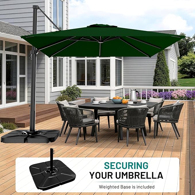 AreShark 10 × 10FT Square Cantilever Patio Umbrella with Base Included, 360° Rotation Offset Outdoor Umbrella, 5 Tilt Settings Heavy Duty Hanging Parasol for Deck Garden Pool, Dark Green