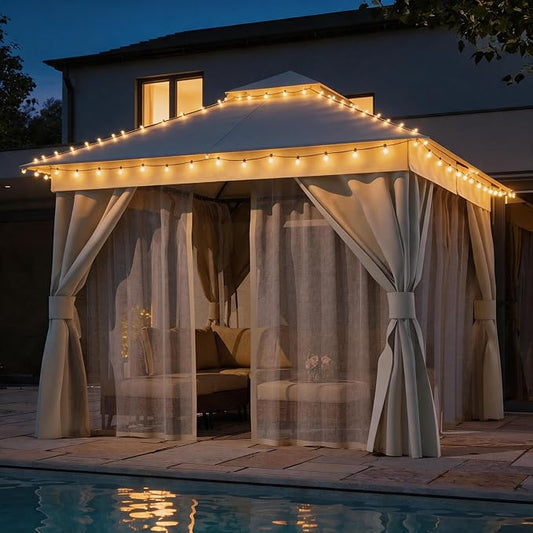 LAUSAINT HOME Patio Gazebo 10'x10', with 50ft Lights Outdoor Heavy Duty Party Tent Shelter with Double Roofs, Mosquito Nettings and Privacy Screens for Backyard, Garden, Lawn, Cream White