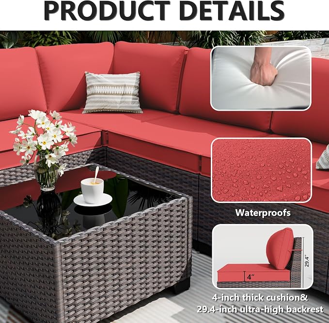 ALAULM 7 Pieces Patio Furniture Set with Fire Pit Table 55000BTU, Oversized Seat/Armrest and High Back Wicker Conversation Set with Thick Cushion for Backyard, Garden, (Red)