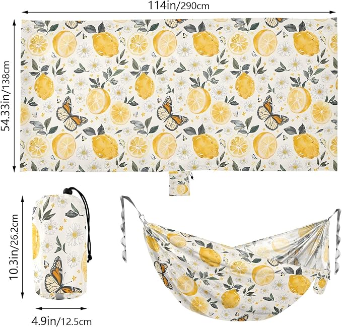 Camping Hammock Outdoor Hammocks for Outside Lemons Flowers Butterfly Beach Trees Portable Lightweight with Pockets Tree Straps Indoor