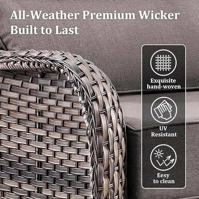 Luxury High Back Patio Furniture Set with 6-Inch Thick Cushions, 8-Pieces Outdoor Furniture with Swivel Chairs, Wicker Conversation Set for Porch, Balcony, Deck and Yard, Grey