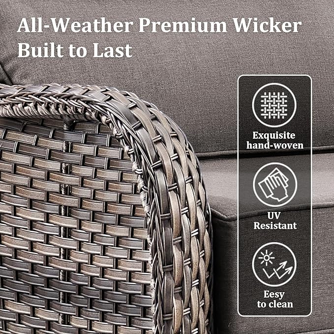 Luxury Patio Furniture Set with 42.5" Fire Pit Table, 8 Pieces High Back All Weather Wicker Outdoor Furniture w/ 6-Inch Thick Cushions, Patio Swivel Chairs Couch for Deck Balcony Backyard Grey