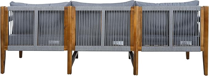 VilroCaz 3-Piece Patio Conversation Set, All Weather Sectional Sofa Set with Acacia Wood Frame and Woven Rope Accents, Outdoor Furniture Set with Cushions for Backyard Deck Poolside (Grey+Rope v)