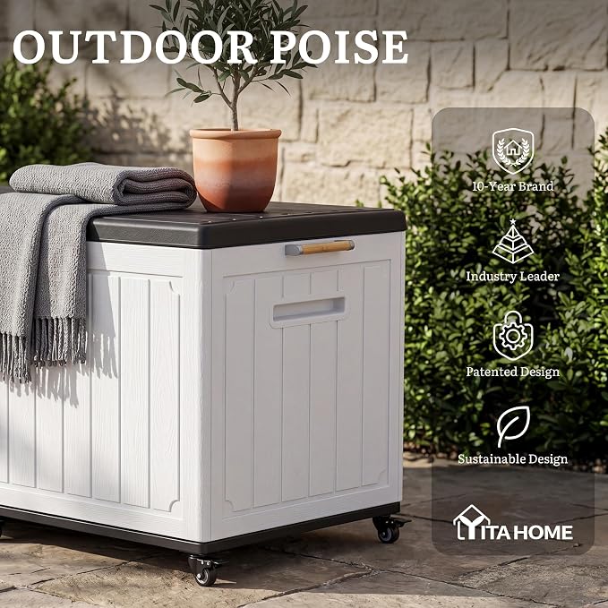 YITAHOME 90 Gallon Outdoor Storage Box with 6 Swivel Wheels & Dual Wooden Handles, Large Double-Wall Resin Deck Box, Lockable Waterproof Patio Organizer for Furniture, Cushions, White & Black