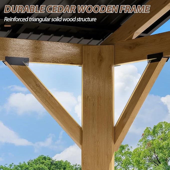 13' x 15' Wood Gazebo, Outdoor Hardtop Gazebo with Galvanized Steel Roof, Cedar Wooden Frame Gazebos for Garden, Patio, Deck