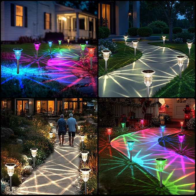 Solar Pathway Lights Outdoor 4 Pack, 10 Modes RGB Color Changing & White Solar Garden Lights, 17.5" IP65 Waterproof Glass Stainless Steel Solar Powered Landscape Lights for Yard Walkway Driveway Patio